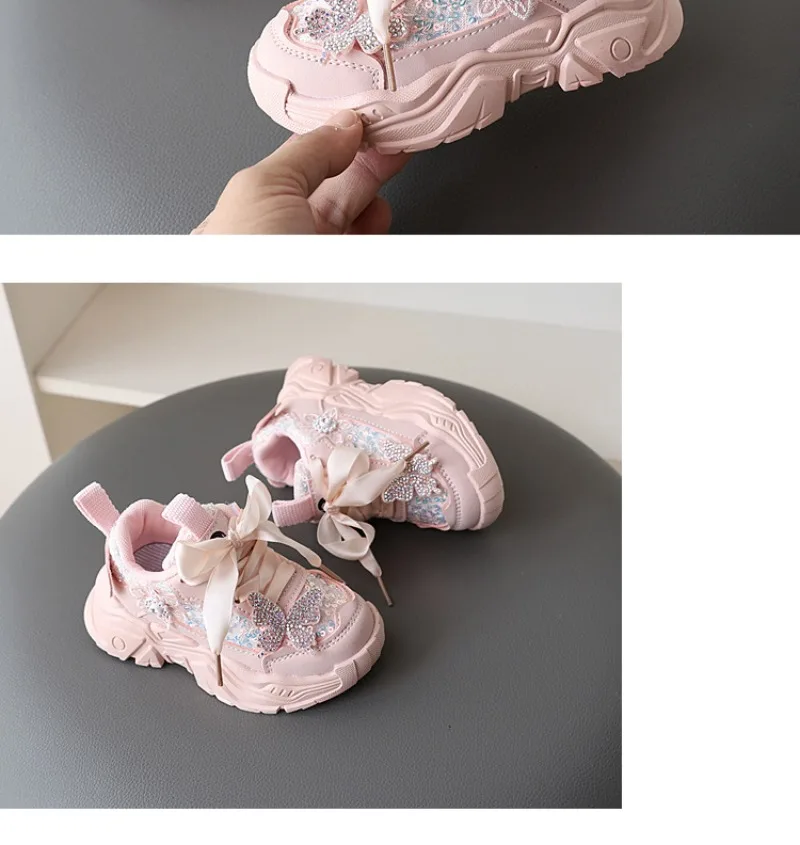 Girls Sports Shoes - Anti-Slip Sequin Butterfly Tennis Running Shoes for Ages 1-6