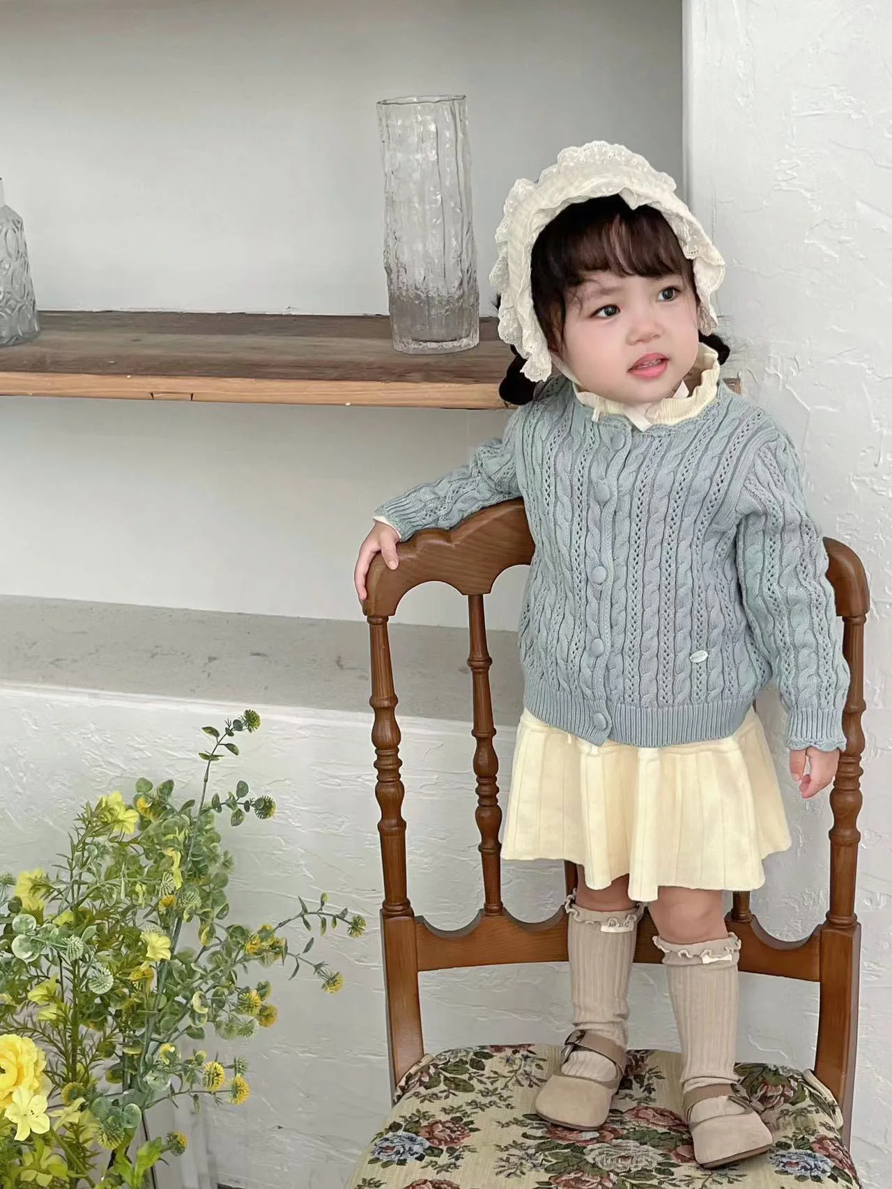 2026 봄 캐주얼 아동 스웨터 핑크 케이블 니트 오픈워크 스캘럽 넥 가디건 (6개월4세 여아용) 부드러운 아동복