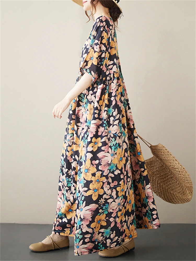 Oversize Summer Cotton Short Sleeve Print Dresses For Women Vintage Casual Loose Long Dress Femme Robe Vestidos Elegant Clothing