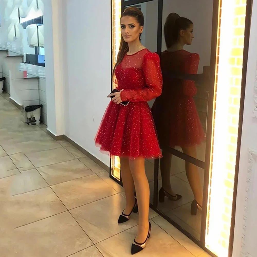 

Ryanth Sparkly Red Prom Dresses Long Sleeves A-Line Mini Short Evening Dresses Sequined Tulle Above Formal Party Dresses Tulle