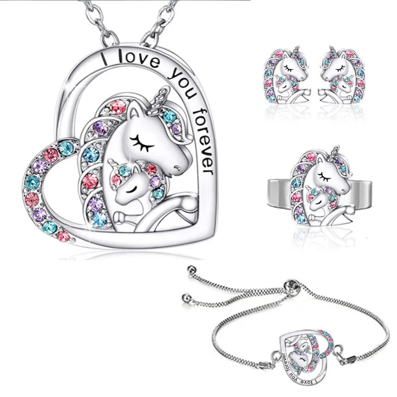 Jewelry Set Colorful Heart Unicorn Jewelry Set with Earrings Necklace and Rainbow Gemstones for Women and Kids