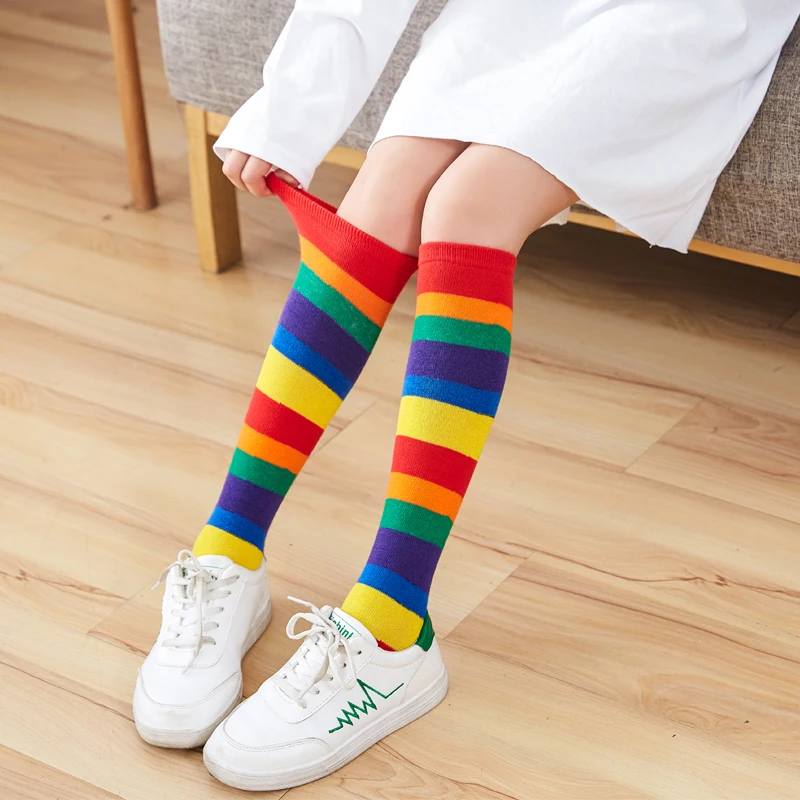 Girls Socks Mid-tube Autumn Children's Rainbow Socks Pile Color Striped Over The Knee