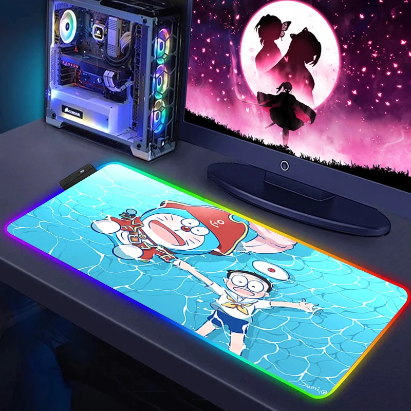 

RGB LED Mouse pad Doraemon Anime Gaming Accessories XL Large Mousepad Gamer Office PC Computer Keyboard Desk Mat Cute LOL Carpet