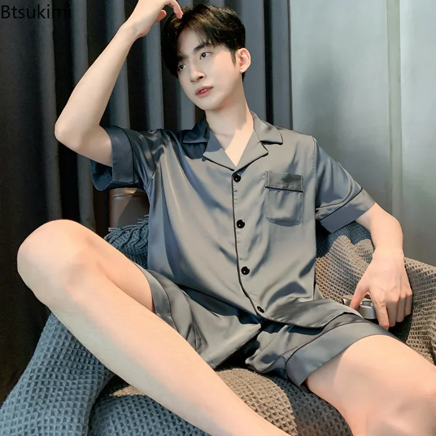 Men's Pajama Sets Silk Satin Pijama Turn-down Collar Sleepwear Short Sleeve Summer Nightwear Male 2 Pieces Sets Homewear