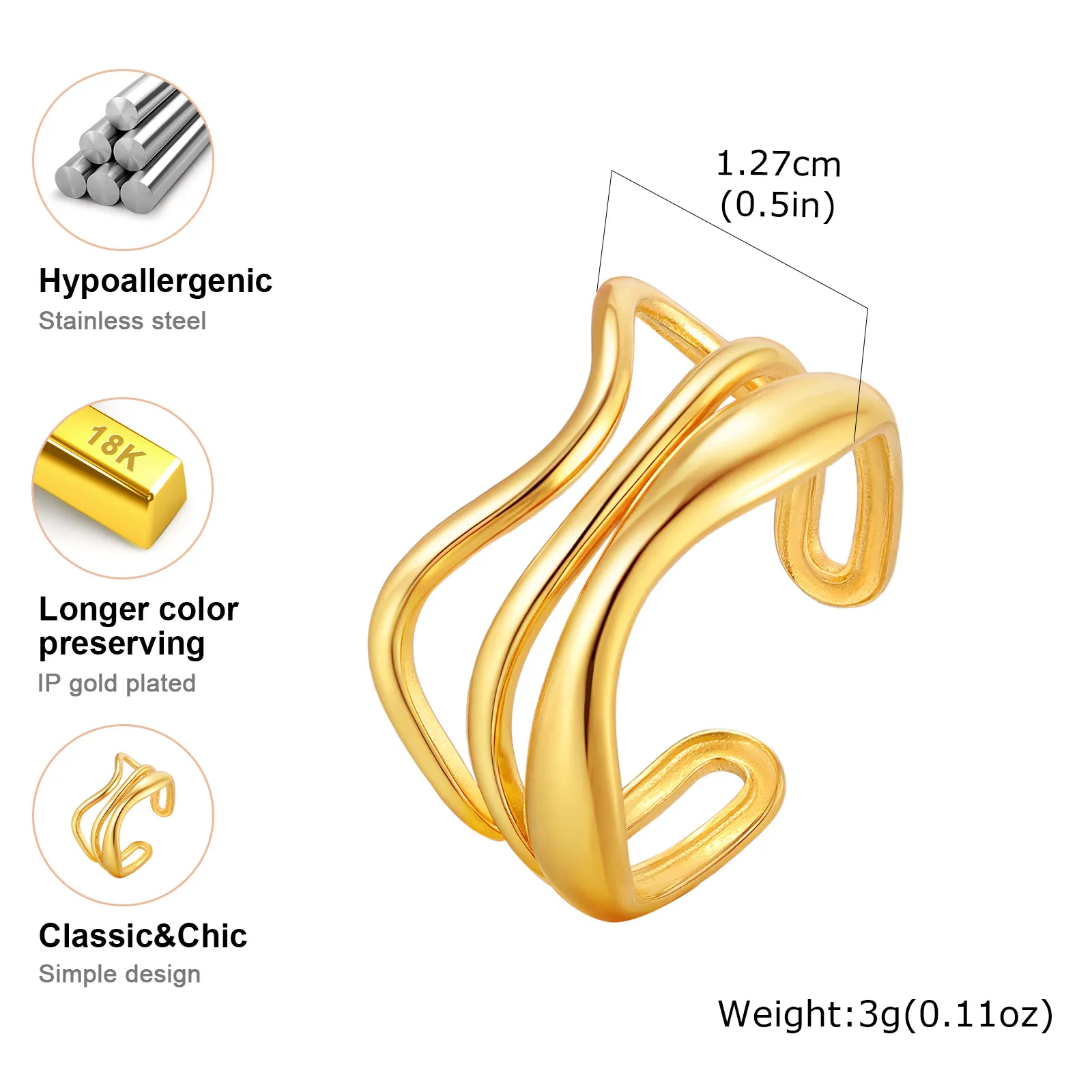 Offene Ringe aus Edelstahl für Frauen, ästhetische geometrische Linien, goldfarbener Fingerring, modischer Verlobungs-, Hochzeits- und Party-Schmuck – Detail 9