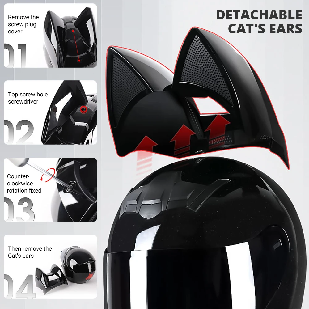 Casco de motocicleta con orejas de gato para mujer, protector de cara completa extraíble, aprobado por DOT