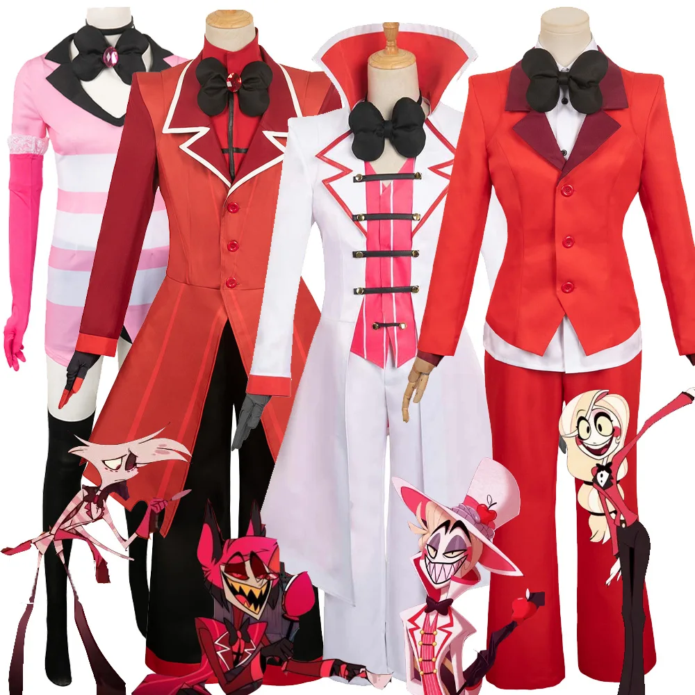 Film Hazbin Charlie Morningstar Lucifero Cosplay Costume Maschile Uniforme Cappotto Rosso Camicia Pantaloni Angelo Halloween Carnevale Alastor Suit