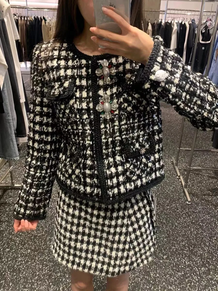 

Women's Jacket 2023 Autumn and Winter New Tweed Sequins Silk Beads Thousand Bird Check coat