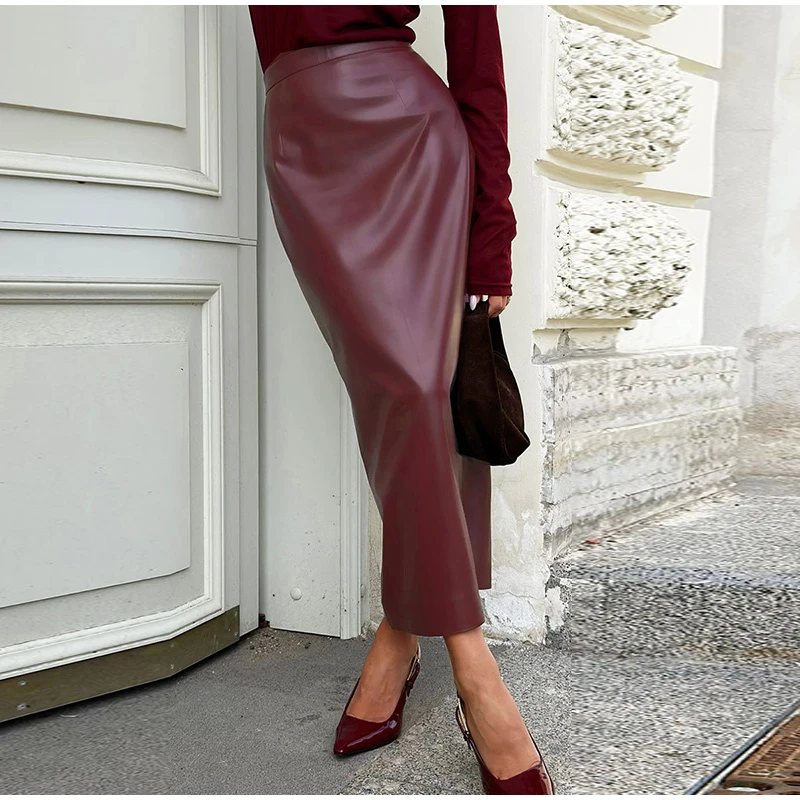 Fashion Burgundy Red Leather Skirt Slim Fit Hip Package Split Skirts Female Autumn Winter Commuting High Street Outwear