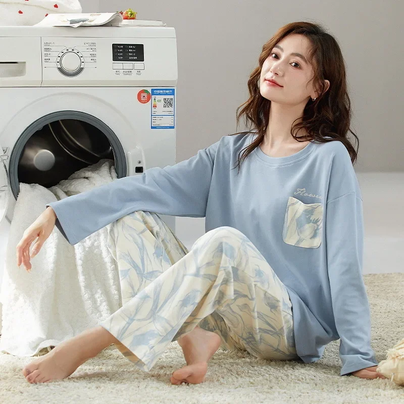New Women's Pajamas Cotton Long Sleeved Pants Sleepwear Simple Casual Large Size Home Wear in Spring Autumn and Winter