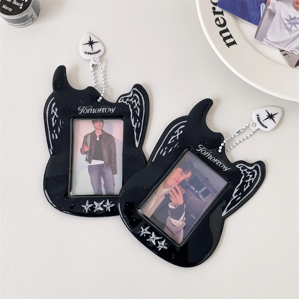 Korean Y2K Black Cool Guitar PVC Card Holder Kpop Idol 3-inch Photocard Hollow Display Pendant Bag Keychian ID Bus Card Case