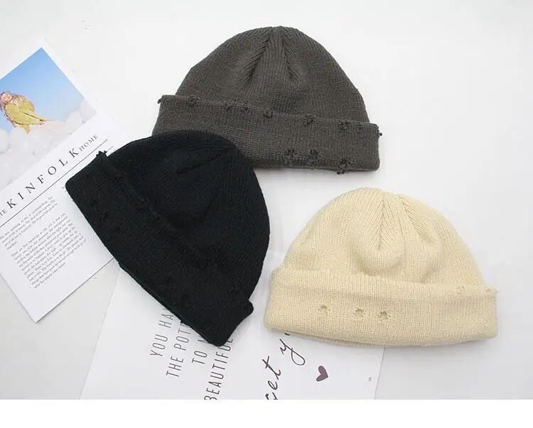 Winter mütze Frauen Harajuku gestrickte Mützen Mode warme Mützen Herbst Hip Hop Motorhaube Loch Schädel Unisex Basic Cap – Detail 21