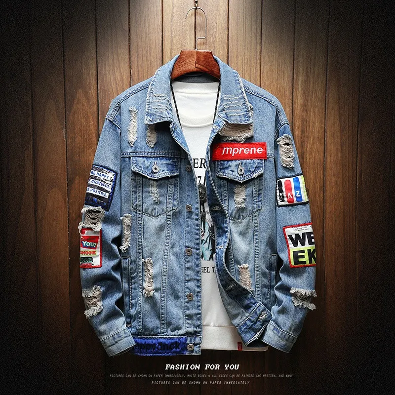 

Male Jeans Coat Men Brand Denim Jacket Hip Hop Streetwear Punk Motorcycle Ripped Print Cowboy Outwear High Quality Casual Hole