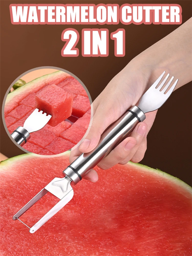 

2 In 1 Watermelon Fork Watermelon Slicer Cutter Knife Multi-purpose Portable Stainless Steel Kitchen Fruit Cutting Fork Gadgets