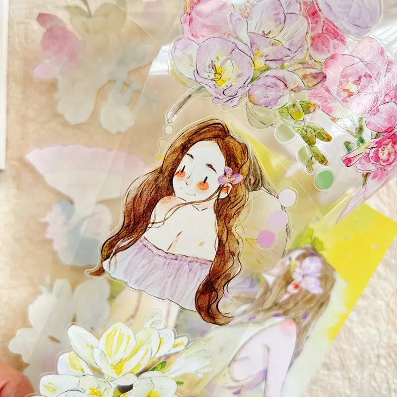 귀여운 소녀 꽃 캐릭터 풍경 PET 테이프 창의적인 DIY 저널 재료 콜라주 스크랩북킹 문구류