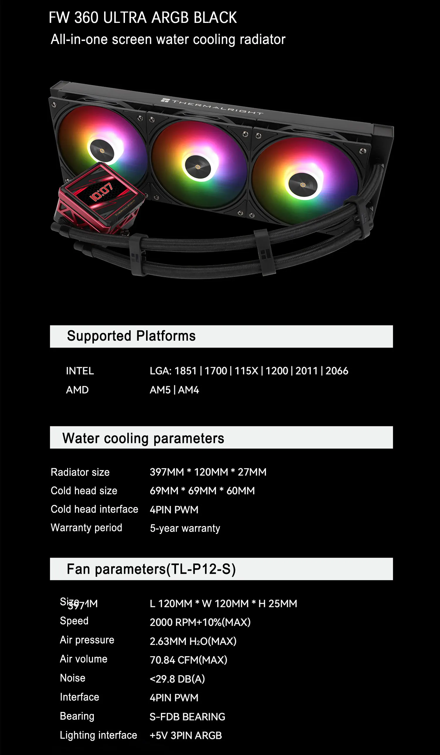 CPU Water cooling cooler 2.88" IPS LCD monitor Customizable themes For LGA1851/1