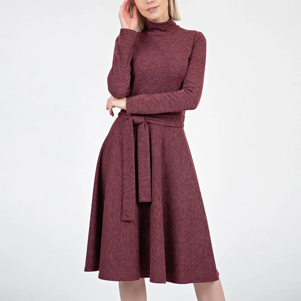 

Girls Long Knitted Dress Women Wine Red Vintage Long Sleeve Knitted A Line Pleated Lace Up High Waist Dresses XXL Knitwear