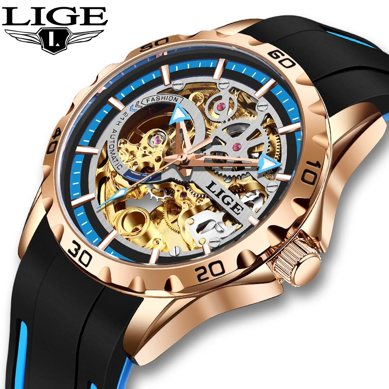 LIGE Brand Luxury Fashion Watch Silicone Strap Business Mechanical Watches for Men Waterproof Luminous Casual Clock Wristwatches