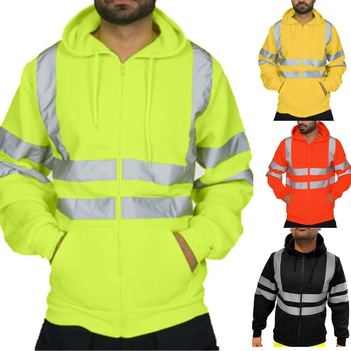 Hoodies Male Reflective Sportswear Men's Jacket Road Work High Visibility Pullover Long Sleeve Tops Coat Clothes Streetwear