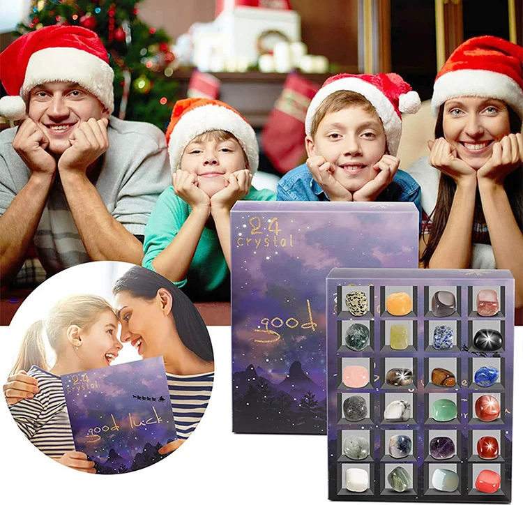 Christmas Advent Calendar Natural Crystal Gemstones Collection Box 24 Days Countdown Calendar Crystal Stone Gift Box for Kids