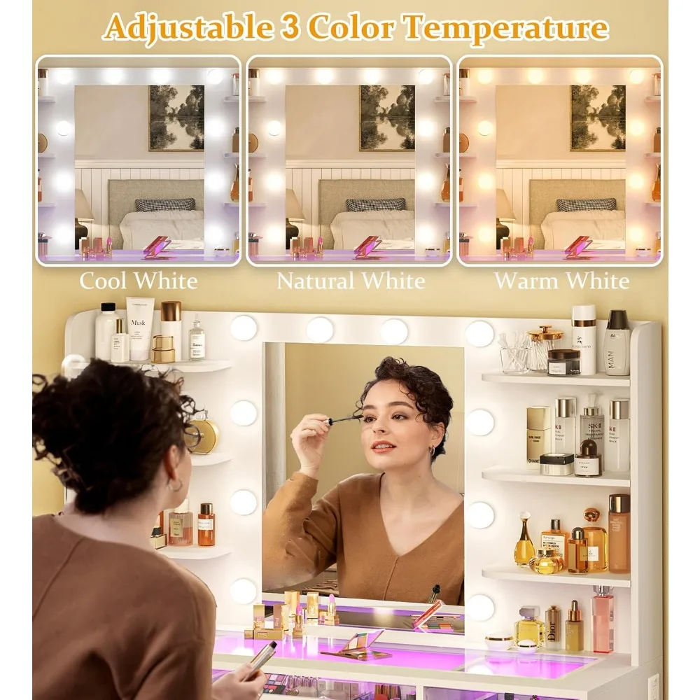 Vanity Desk Makeup Vanity Desk with Mirror and Lights 3 Colors Transparent Top with 3 RGB Drawers 6 Shelves 2 Large Tempered