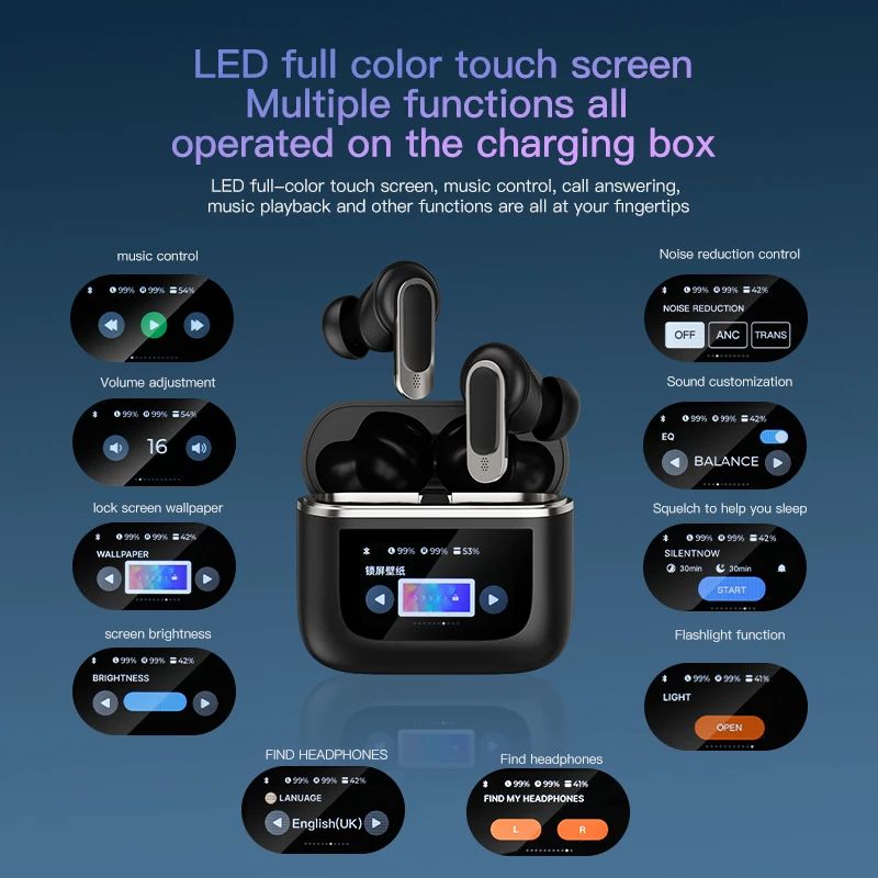 무선 ANC 이어폰, TOUR PRO 컬러 LED 스크린, TWS 이어버드, 터치 액티브 노이즈 캔슬링, 블루투스 헤드폰, 스포츠 헤드셋