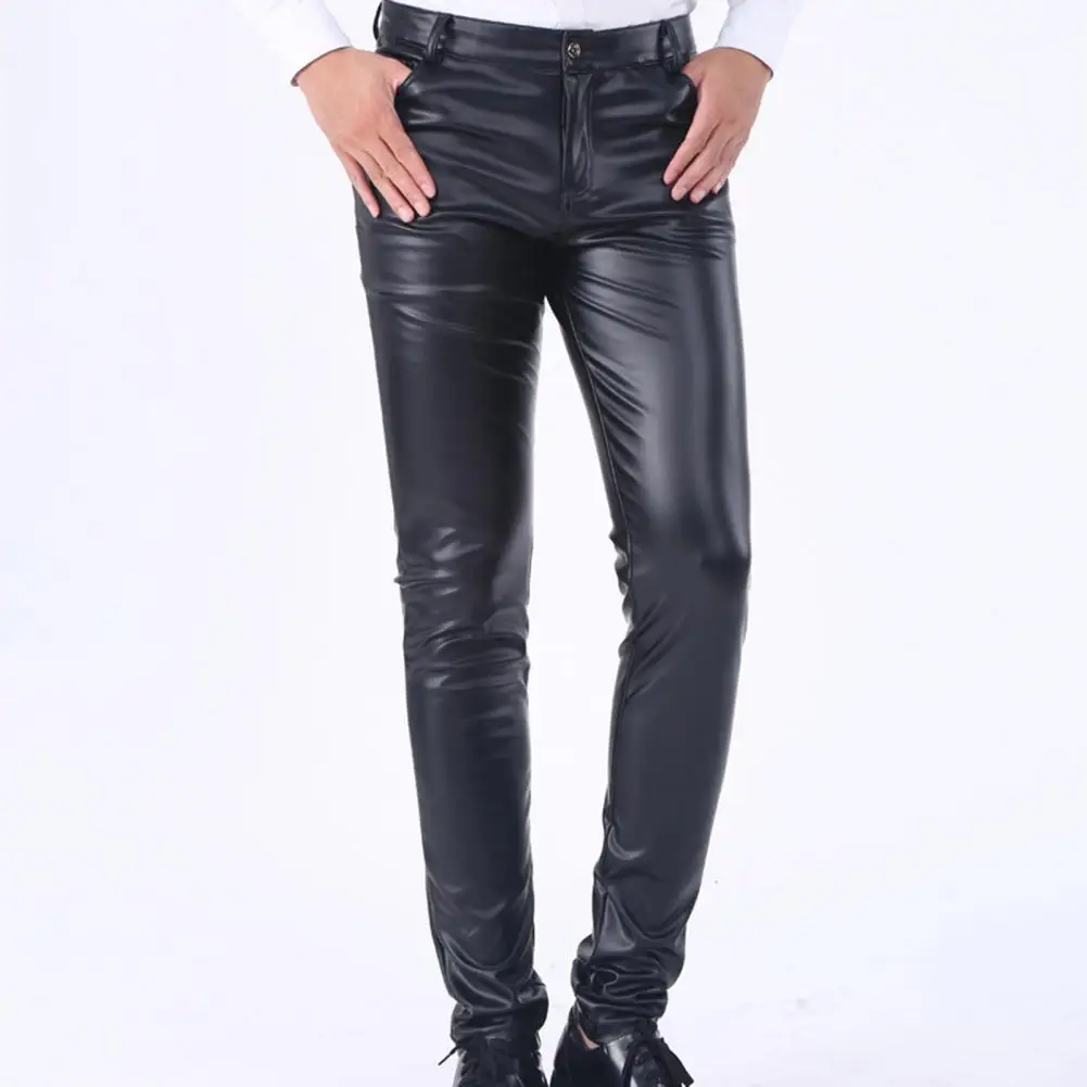 

Classic Fit Pants Men's Slim Fit Faux Leather Pants with Pockets Soft Breathable Mid Waist Trousers for Motocycle Streetwear