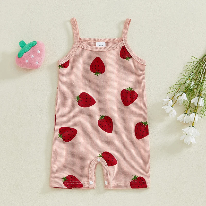 0-3Y Lovely Baby Girls Romper Strawberry Print Sleeveless Square Neck Spaghetti Strap Bodysuit Summer Clothes