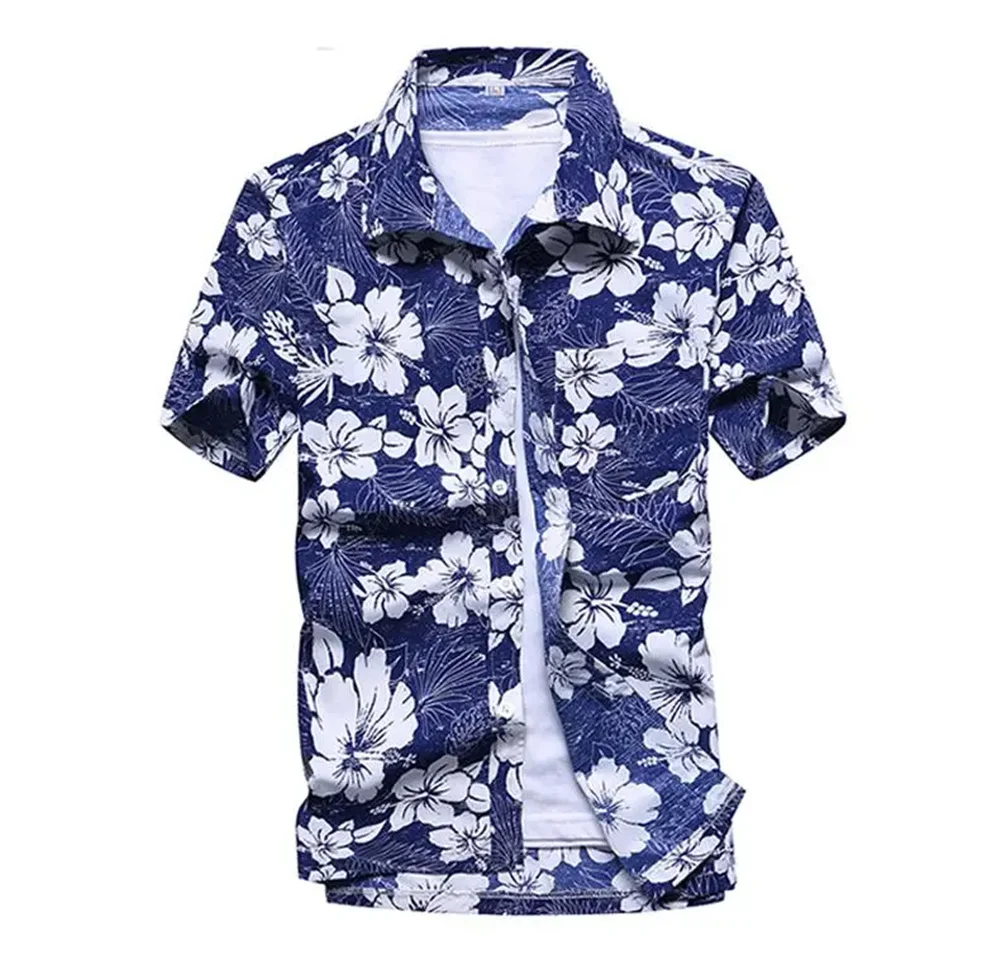 Summer Breathable Hawaiian Shirts Men Coconut Tree Printed Short Sleeve Button Down Vacation Plus Size