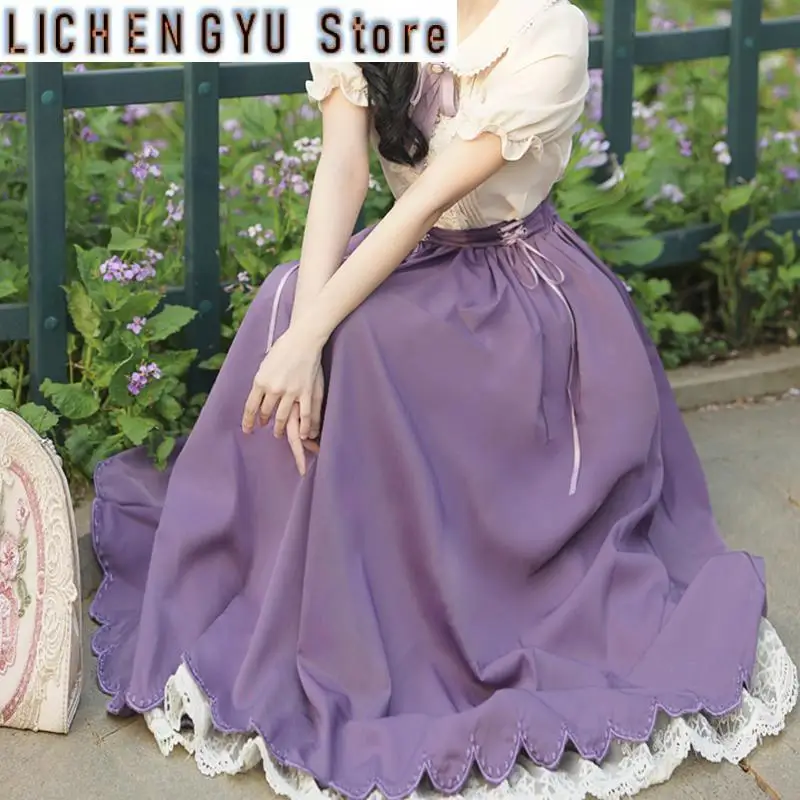 Lolita Style Long Pleated Skirt Women Summer Vintage High Waist Lace Up Skirts Lace Patchwork Maxi Skirt Jupe Femme