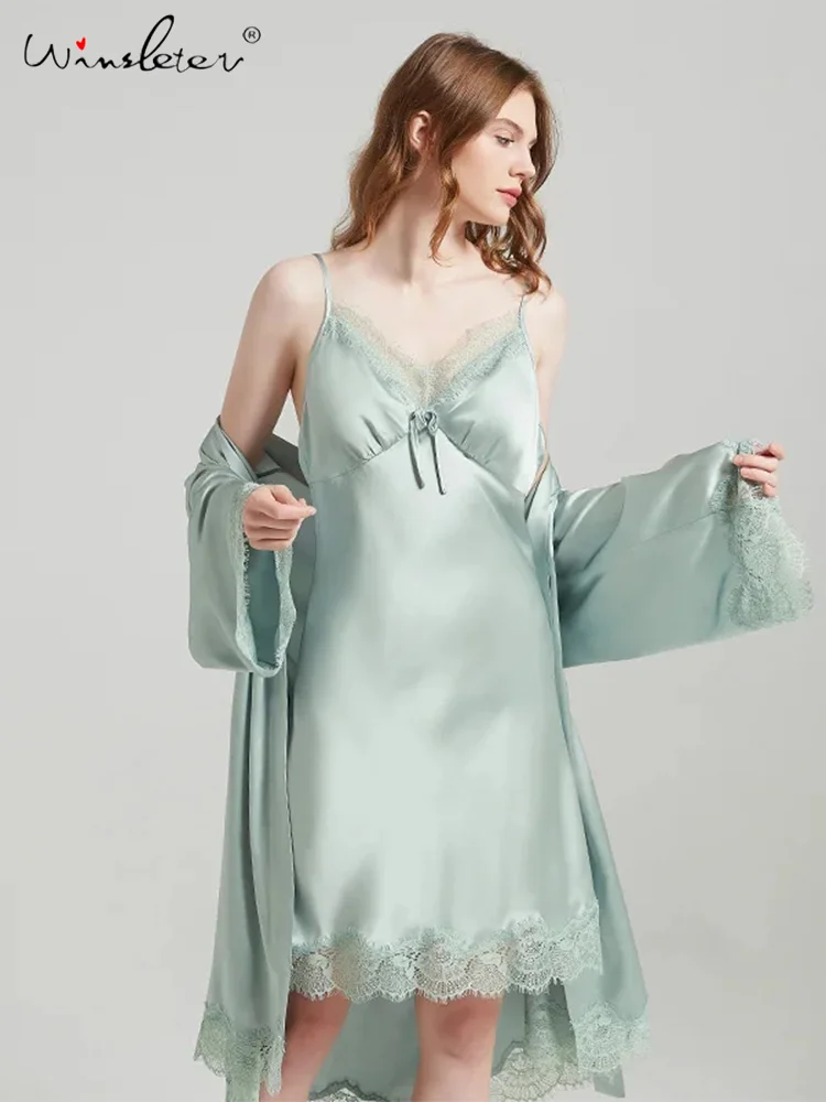 

Women's V-Neck Lace Pajama,19MM 100%Mulberry Silk Night Robe Set,Elegant Fashion Loungewear,2024 Spring Summer New,S419113QM