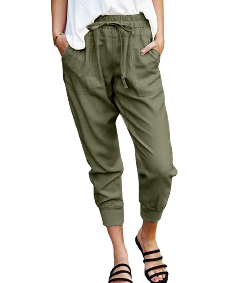 Summer New Solid Color Simple Lace-up Casual Pants High-waisted Slimming Nine Points Small Foot Pants