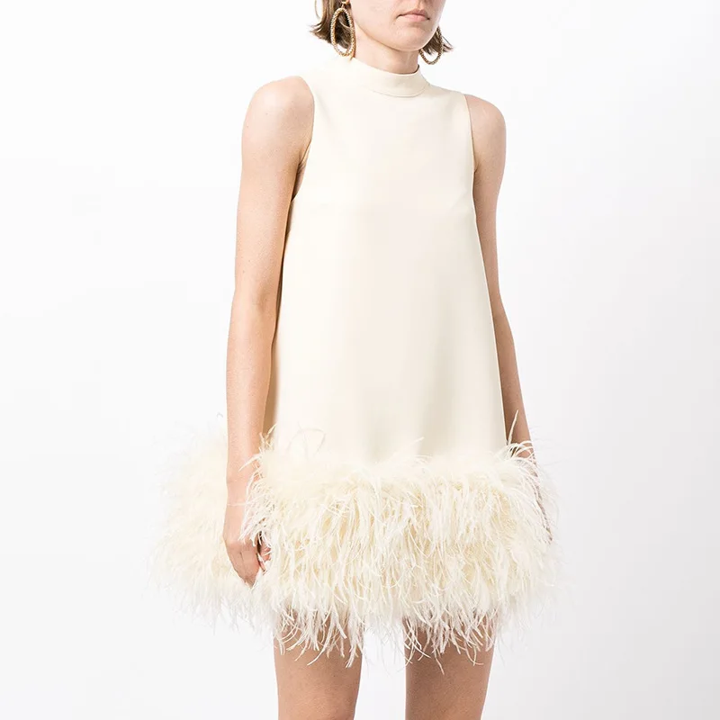 

Feather Short Skirt 2023 Summer Design Sense Half High Collar Sleeveless Solid Color Straight Sleeve Dress