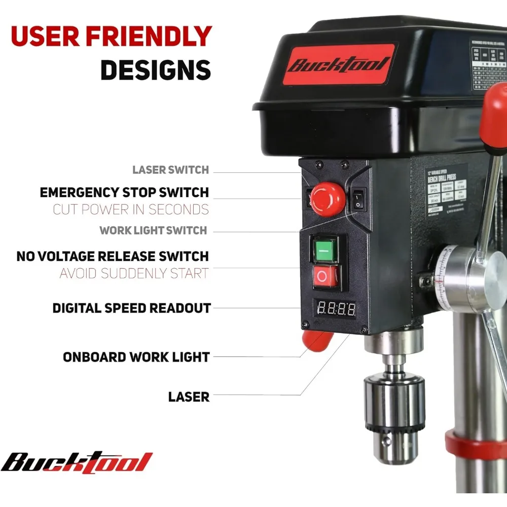 12 INCH 6.2A Professional Bench Drill Press, 3/4HP Powerful Benchtop Drill Press, Variable Speed Drill Press 4
