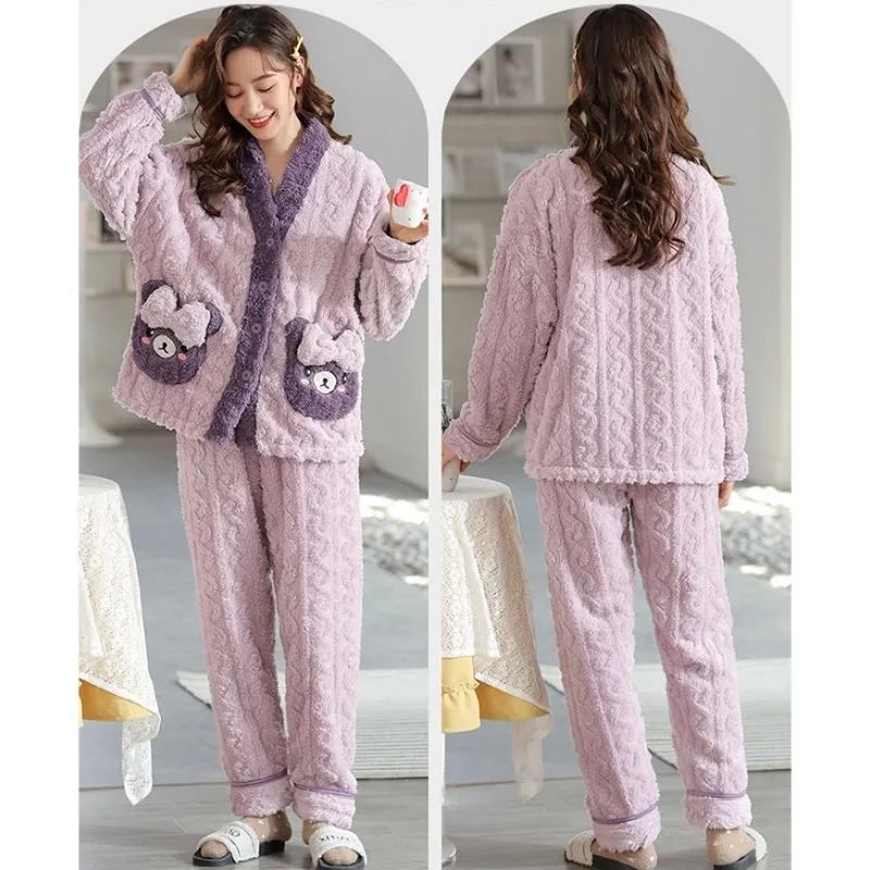 2023 New Coral Velvet Pajamas for Women Autumn Winter Plush Thickened Loungewear Student Cute Cardigan Flannel Warm Homewear
