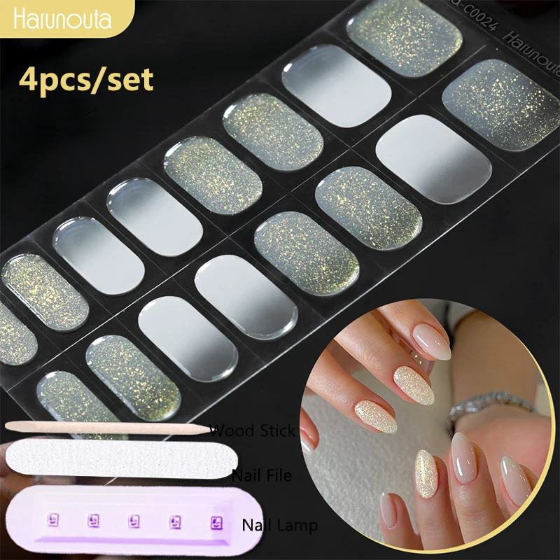 Semi Cured Gel Nail Stickers 4Pcs/set Harunouta with Nail Lamp Gradient Jelly Gel Polish UV Cured Kits
