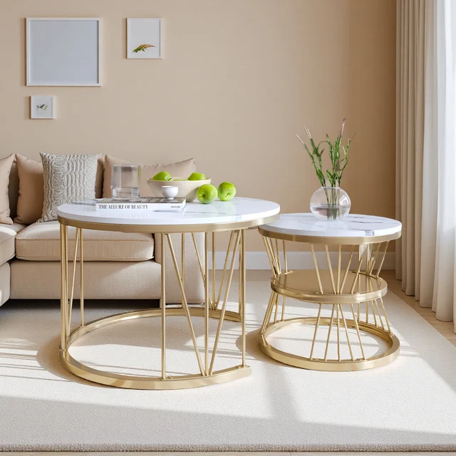 Rosahqnda table basse ensemble de 2 table de canapé ronde en marbre tables cadre en métal salon balcon table d'appoint de bureau or/noir 1