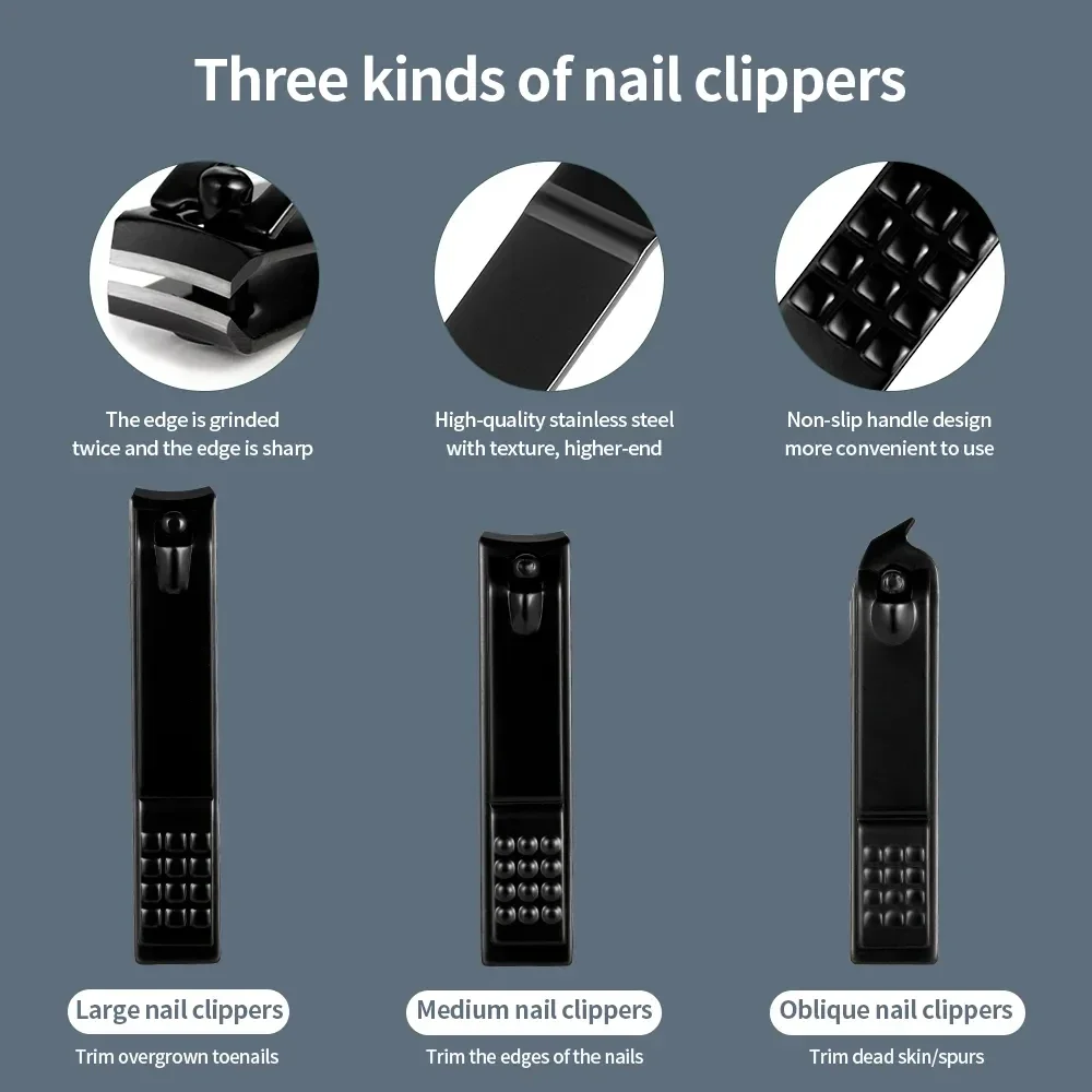8/15pcs Premium Black Nail Clipper Set with Stainless Steel Manicure Pedicure Tools for Foot Care in Travel Case Nail Care Kit