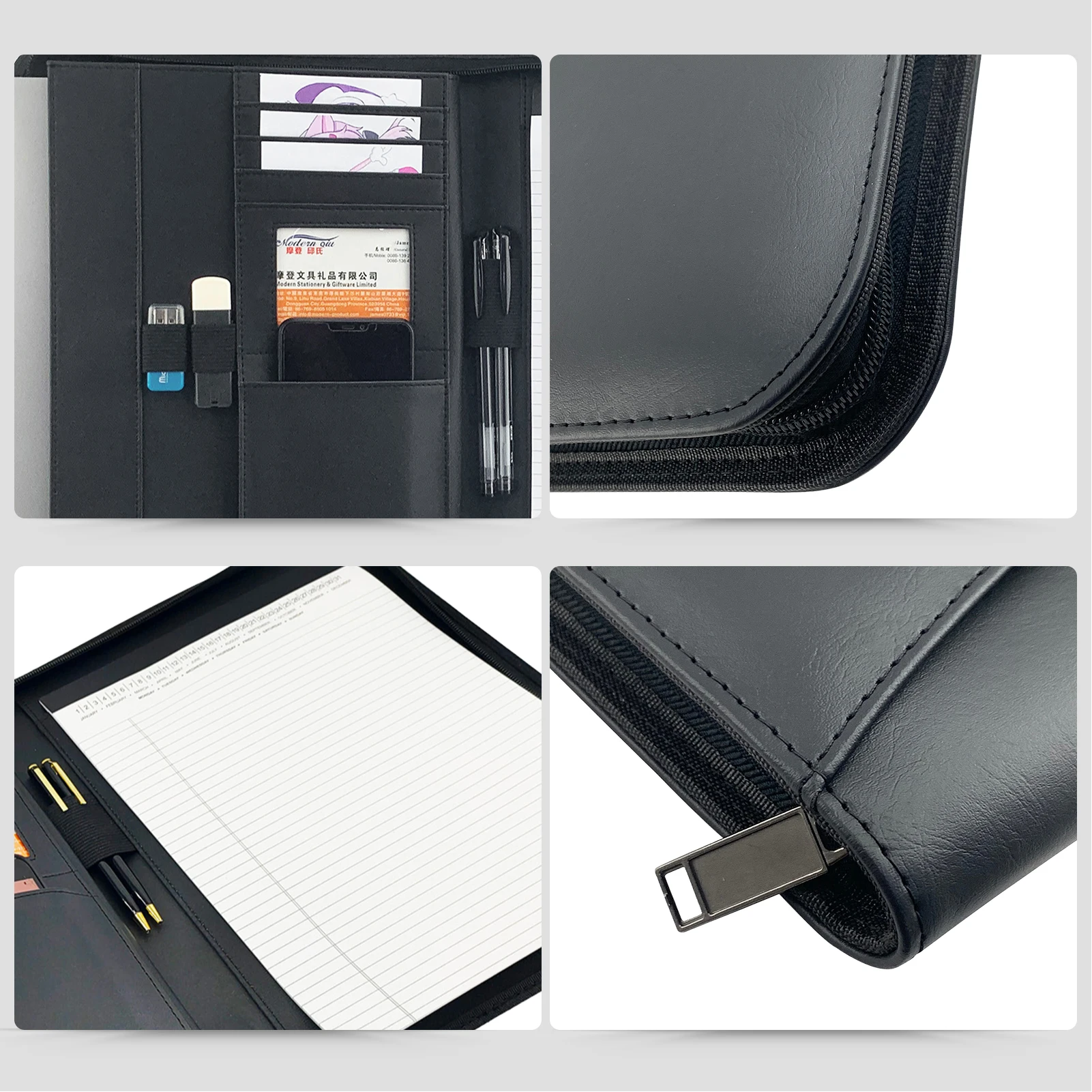 Bisofice Zippered Business Padfolio A4 PU Leather Portfolio Organizer for Interview Resume Document PlannerTablet Sleeve Holder