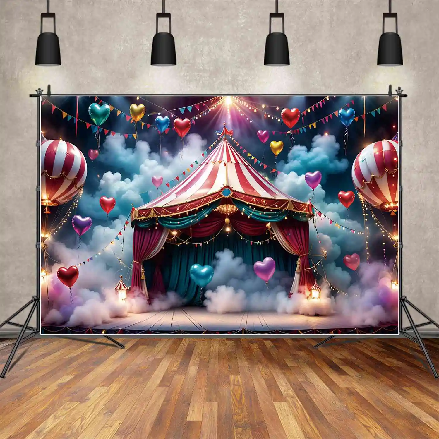 

MOON.QG Backdrop Children Carnival Birthday Party Background Circus Tent Heat Air Balloon Ribbon Lantern Cloud Photography Props