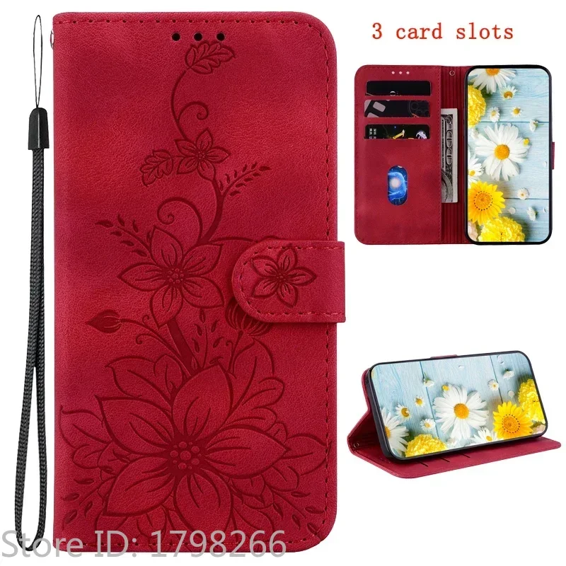 Floral Flip Cover Wallet Bag with Magnetic Closure - Lily Design in Leather