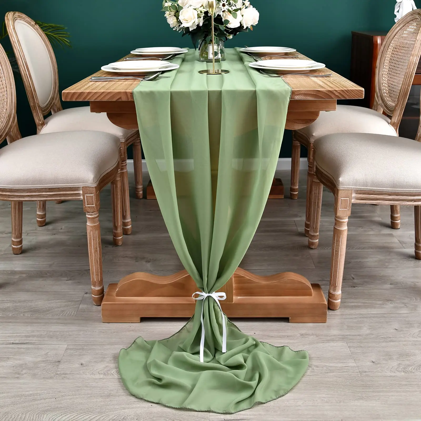 Sage Green Chiffon Table Runner - Elegant Sheer Vintage Decor for Weddings, Holidays, and Celebrations