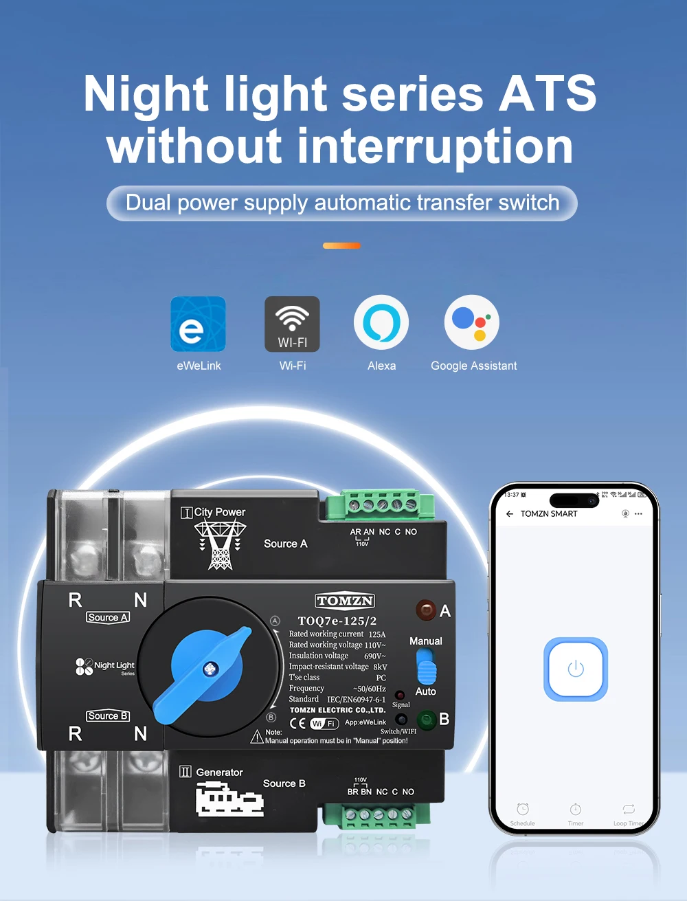 AC110V 120V WIFI Smart ATS Dual Power Automatic Transfer Selector Switch Uninter