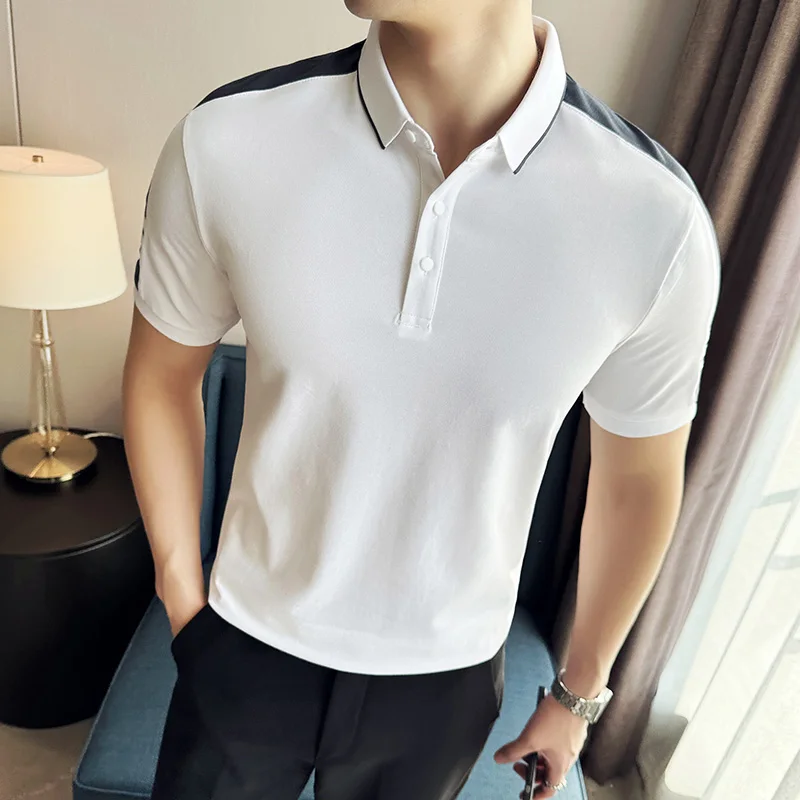 

Fashion Contrasting Splicing Knitted Polo Shirt Men Summer Short Sleeve Slim Casual Lapel T-Shirt Social Tee Tops Streetwear