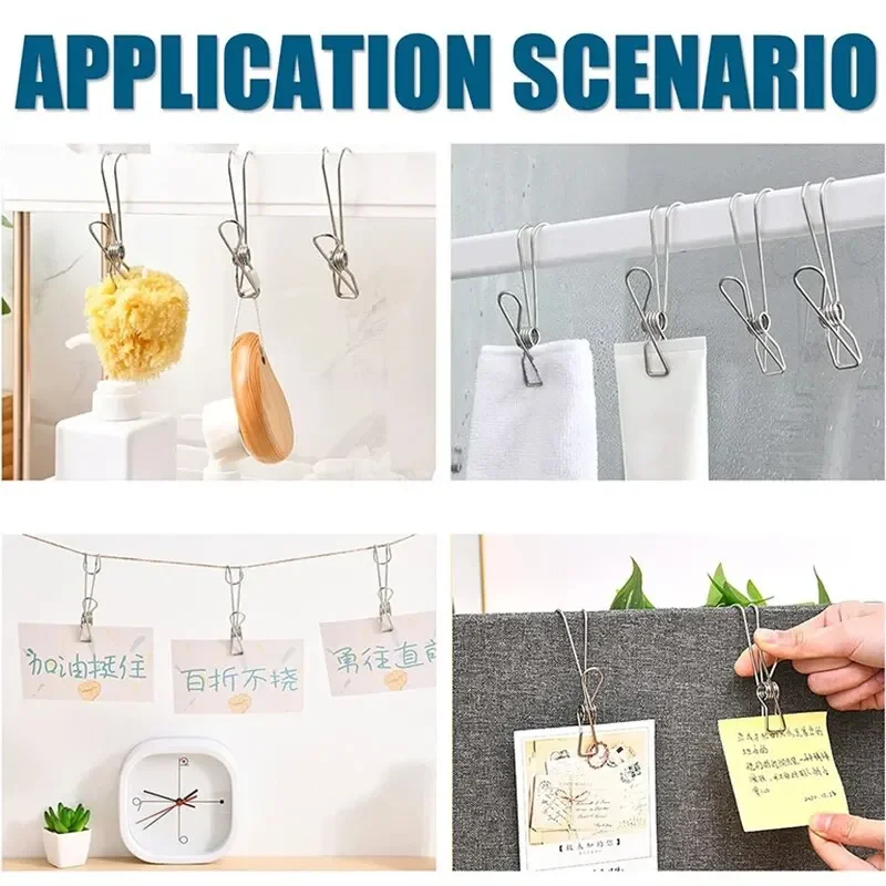 4pcs Stainless Steel Binder Clips with Hook Metal Hanger Clothespins for Hanging Outdoor Kitchen Office 6