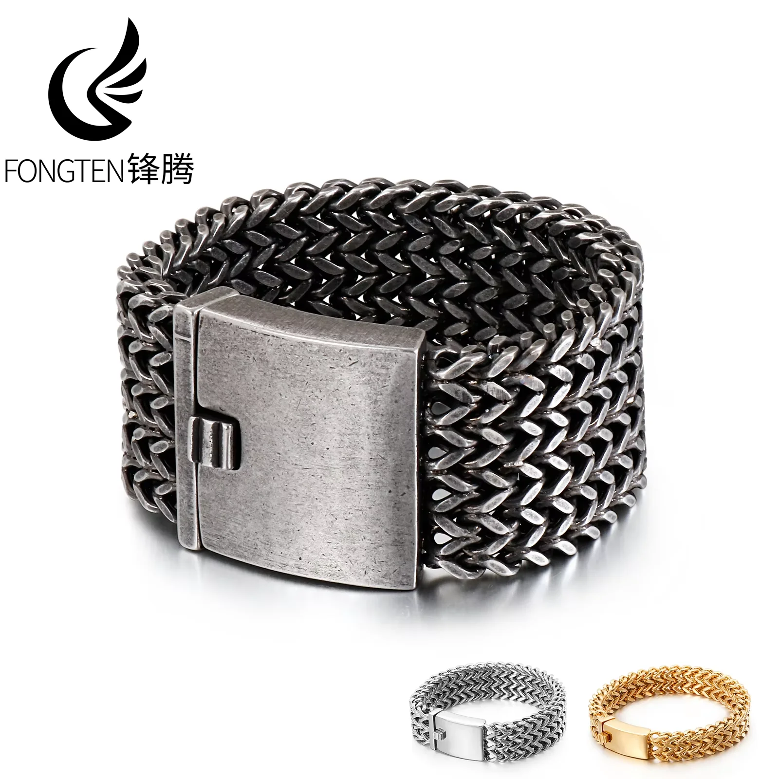 Fongten 30mm Mesh Link Chain Bracelet For Men Stainless Steel