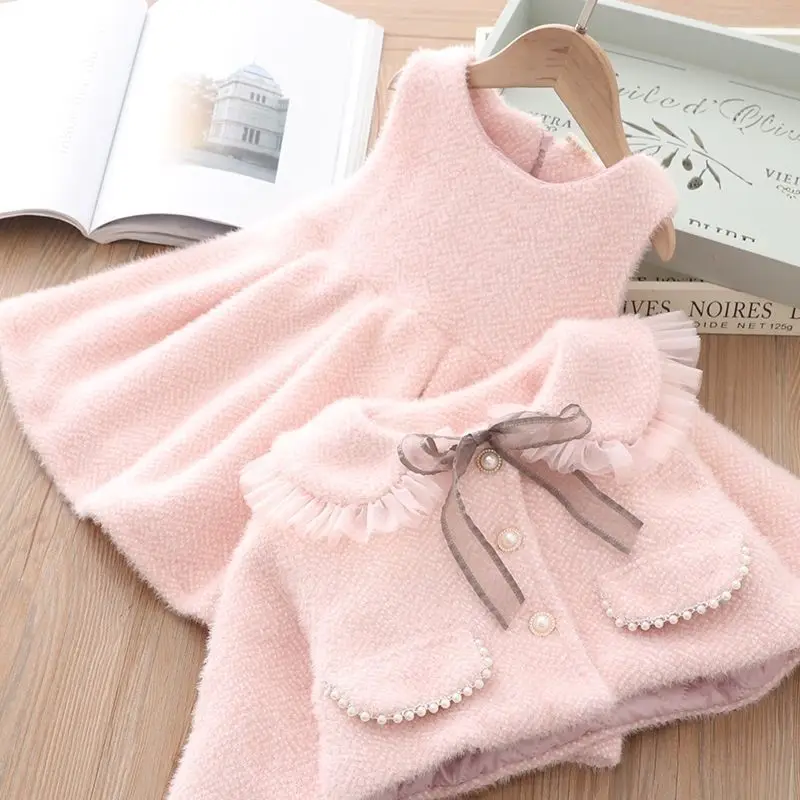 

Girls Thick Clothes Autumn Winter Children Woolen Coats Dresses 2pcs Princess Party Suit For Baby 1 To 7 Years Warm Outfits Kids