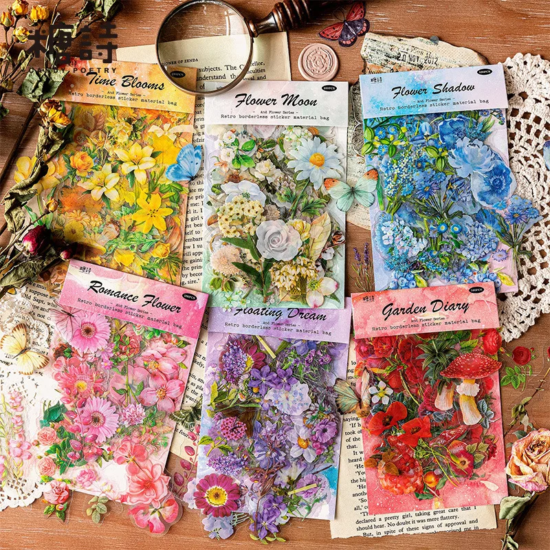 

100PCS PET Plant Flowers Stickers Pack for Journal Bullet Junk Journal Hand Account Material Retro Phone Case Stickers Aesthetic
