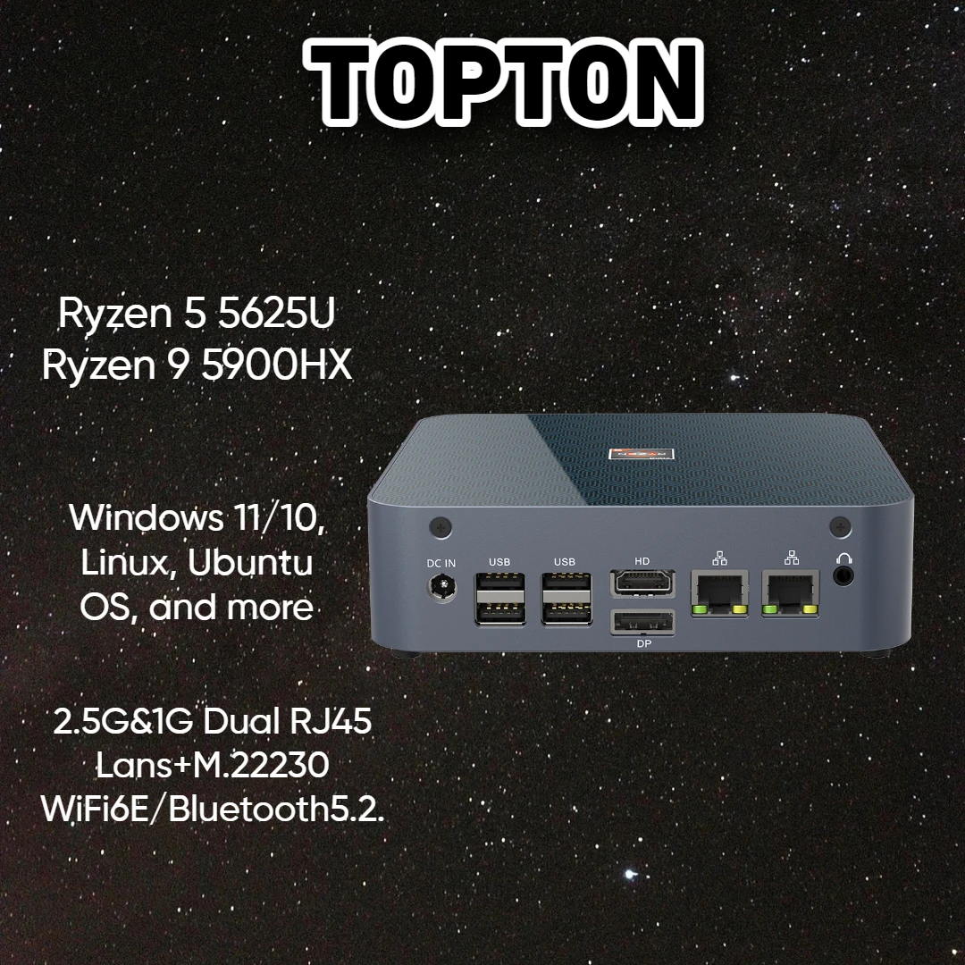 

Topton Mini PC AMD Ryzen 7 5800H R9 5900HX Prozessor Win10 Pro NUC Desktop 16GB DDR4 512GB SSD HDMI2.0 DP1.4 USB-C 4K@60