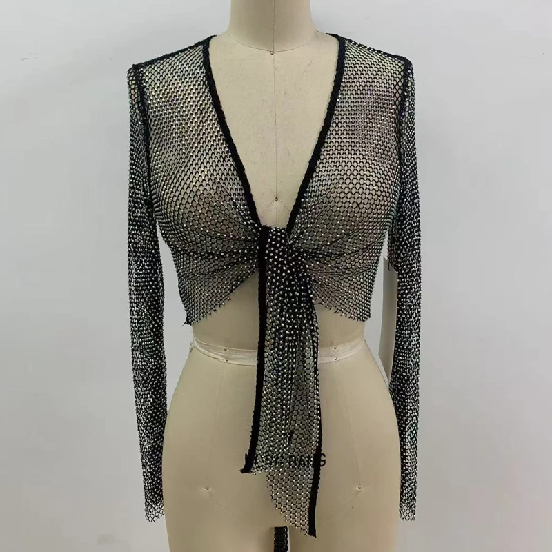 Glänzender Strass-Strandanzug für Damen, sexy, ausgeschnittene Bikini-Sets, Damen-Badeanzug, langärmliges, gebundenes Crop-Top, Netz-Bademode, Biquini – Detail 7